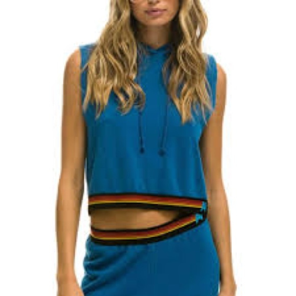 Aviator Nation Teal Cropped Sleeveless Hoodie with Rainbow Stripe Trim
